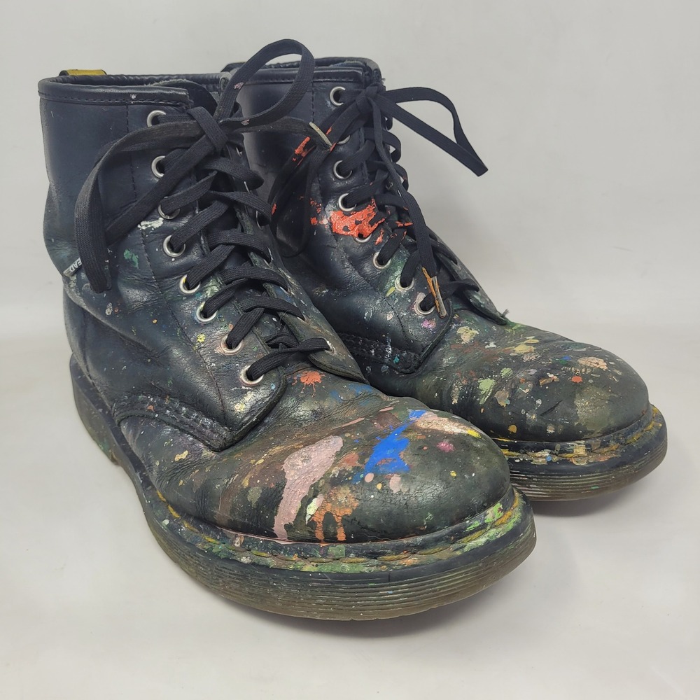 Dr. Martens Boots 10 Black Leather Paint Splatter Grunge Punk Wintergrip 24039